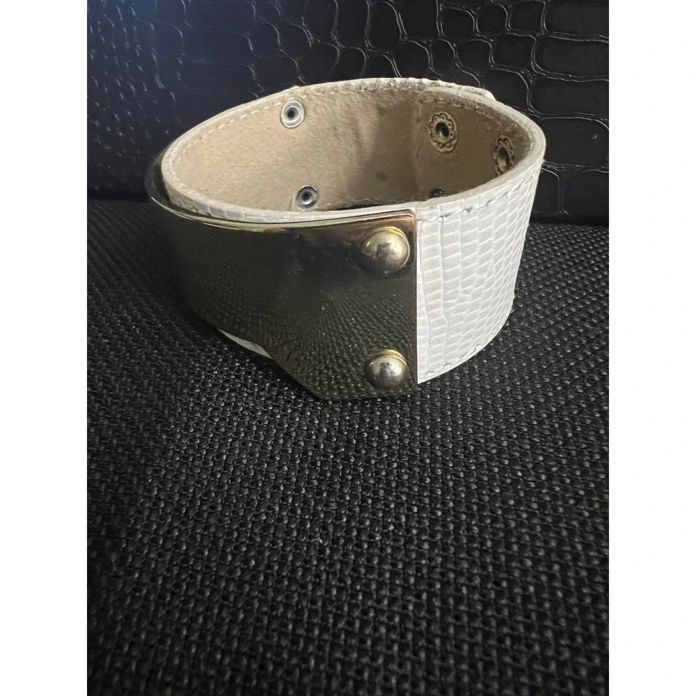 White Faux Leather Gold Tone Metal Plate Cuff Bracelet Adjustable Gorpcore